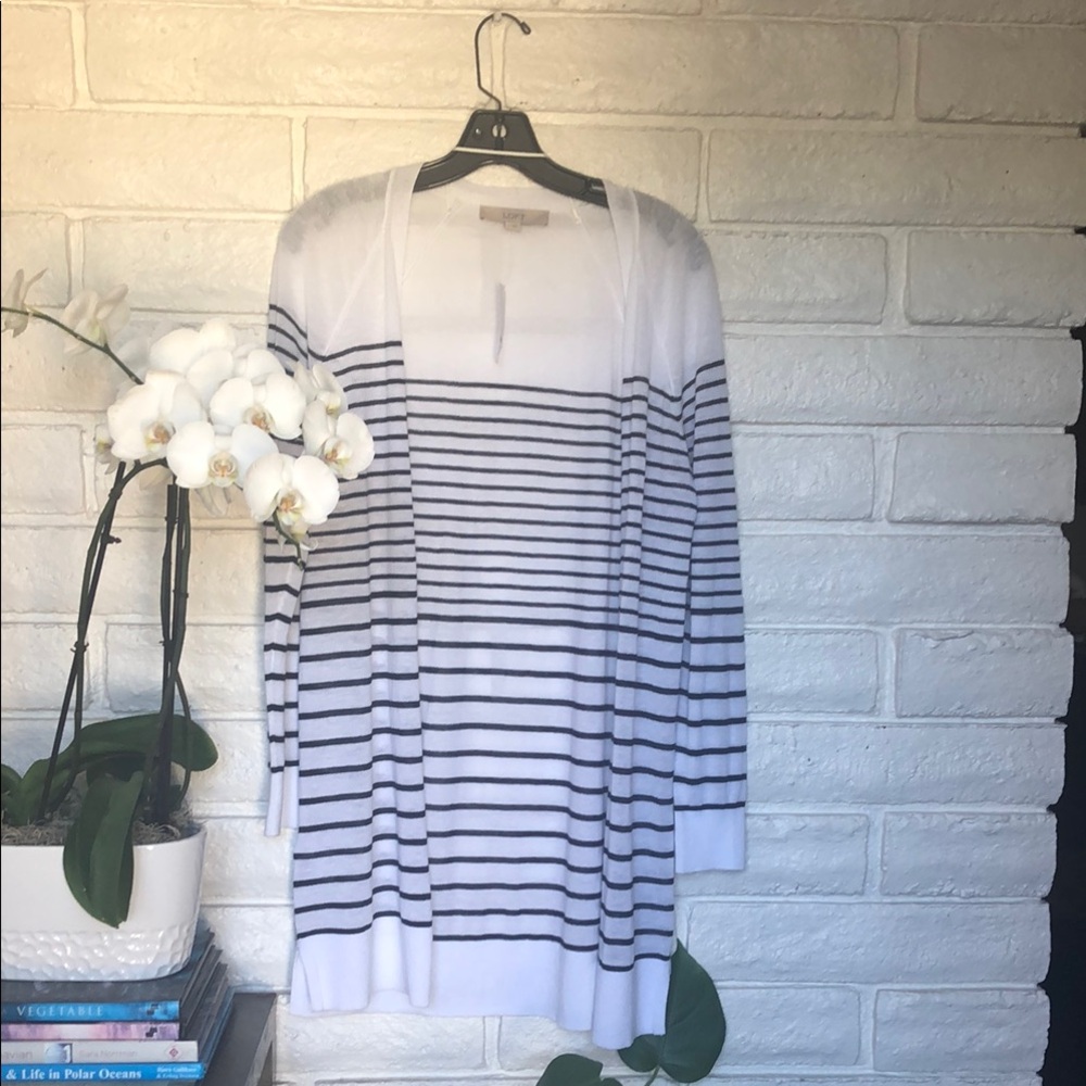 LOFT White and Black Striped Cardigan